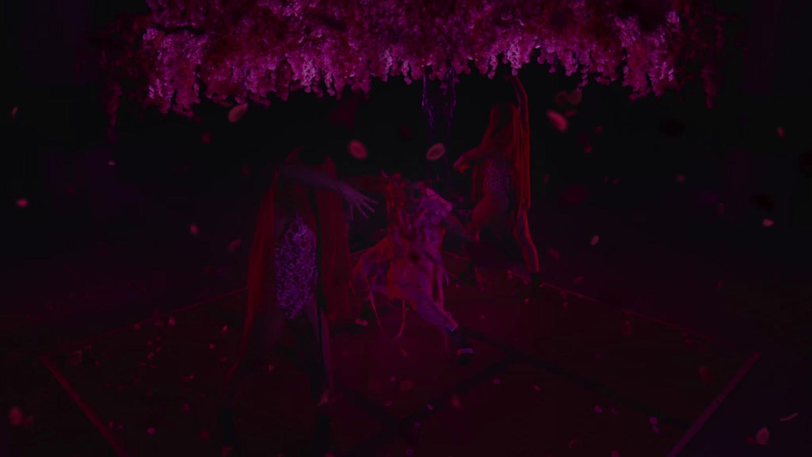a group of people standing under a tree in the dark