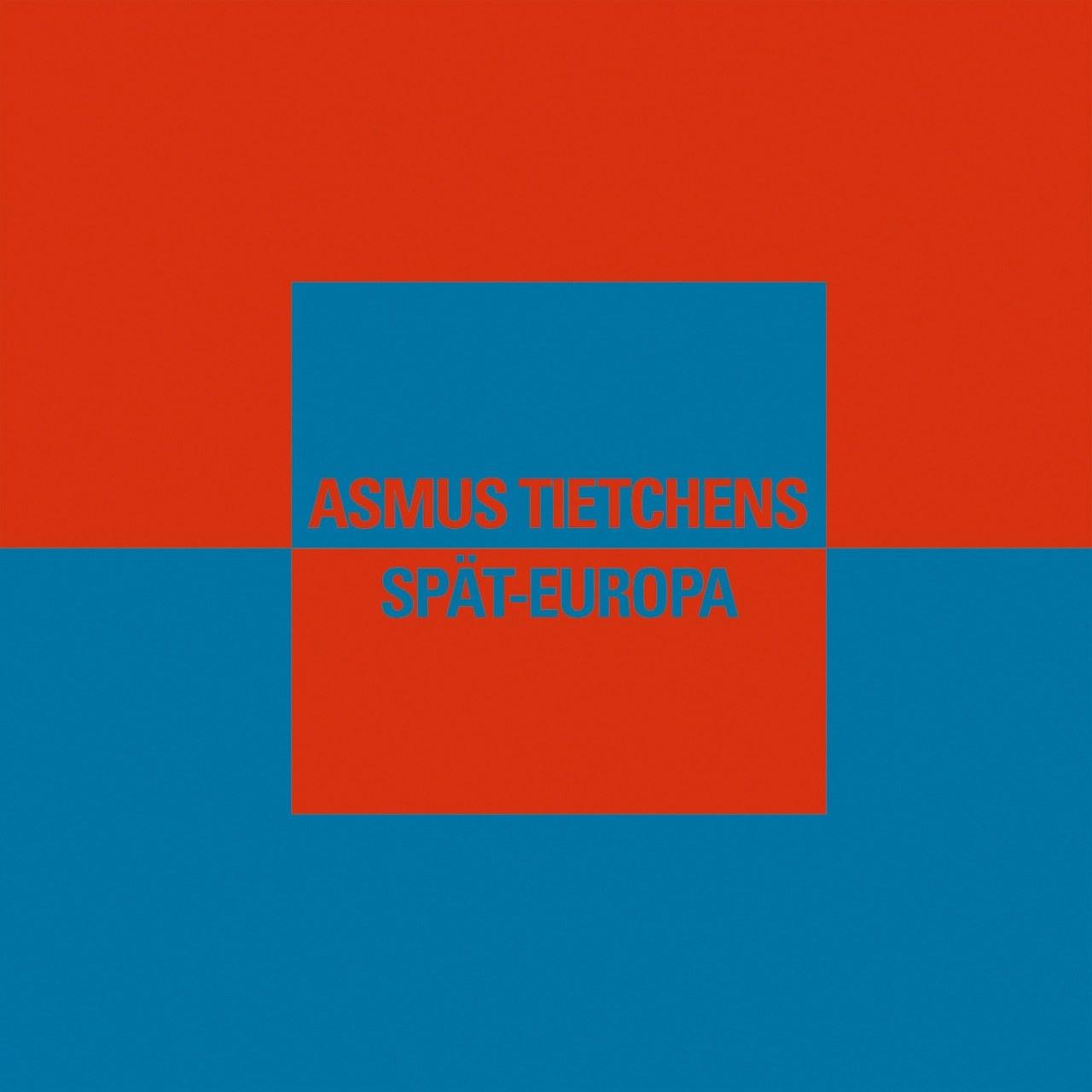 a blue and red square with words across it