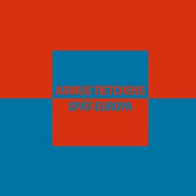 a blue and red square with words across it