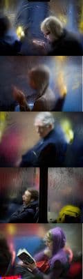 a series of photos of people sitting on a bus
