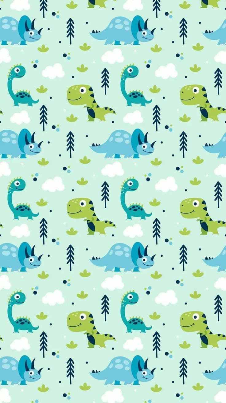 a blue and green dinosaur pattern with trees and clouds