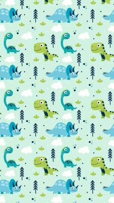a blue and green dinosaur pattern with trees and clouds