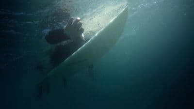 a person holding a surfboard under the water
