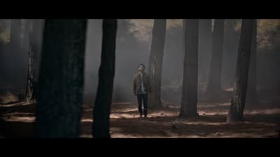 a man standing in the middle of a forest