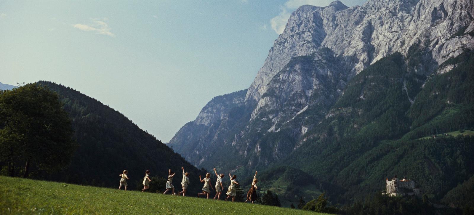 a group of people standing on top of a lush green hillside