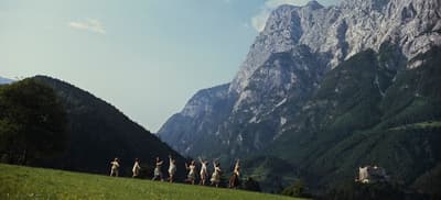 a group of people standing on top of a lush green hillside