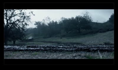 a field with trees and a car in the distance