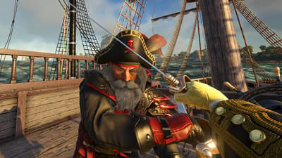a man in a pirate costume holding a sword