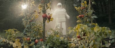 a man in a white suit standing in a garden
