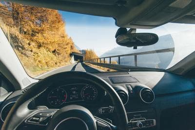 a car driving down a road next to a forest