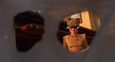 a woman in a leopard print top and sunglasses
