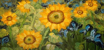 a painting of sunflowers in a field