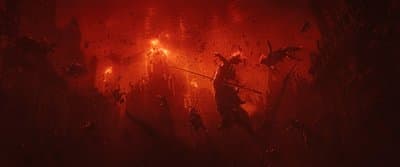 a man standing in the middle of a forest holding a sword