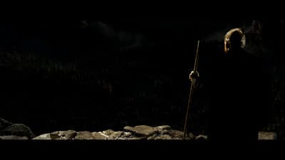 a man with a staff standing in the dark
