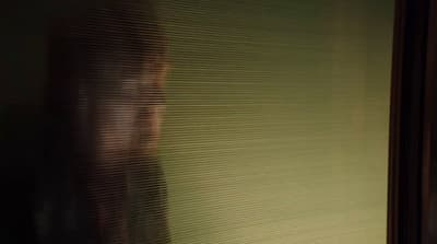 a woman standing in front of a window with blinds