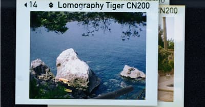 a polaroid picture of a rock in the water