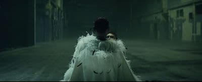 a woman in a white dress with feathers on it