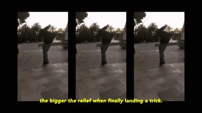 three pictures of a person walking on a sidewalk