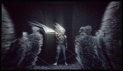 a man standing in front of a mirror in a dark room