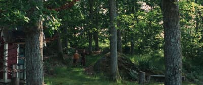 a man walking through a forest next to tall trees