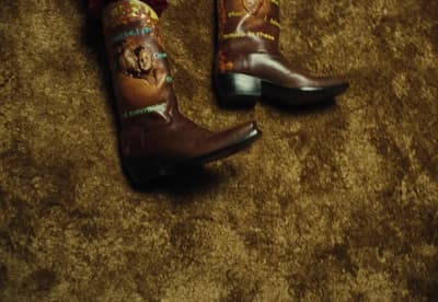 a pair of cowboy boots with dogs on them