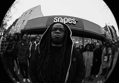 a man with dreadlocks standing in front of a store