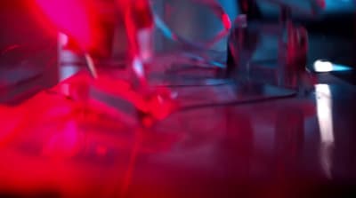 a close up of a red and blue object