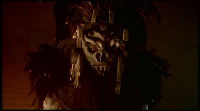 a creepy looking mask with feathers on it