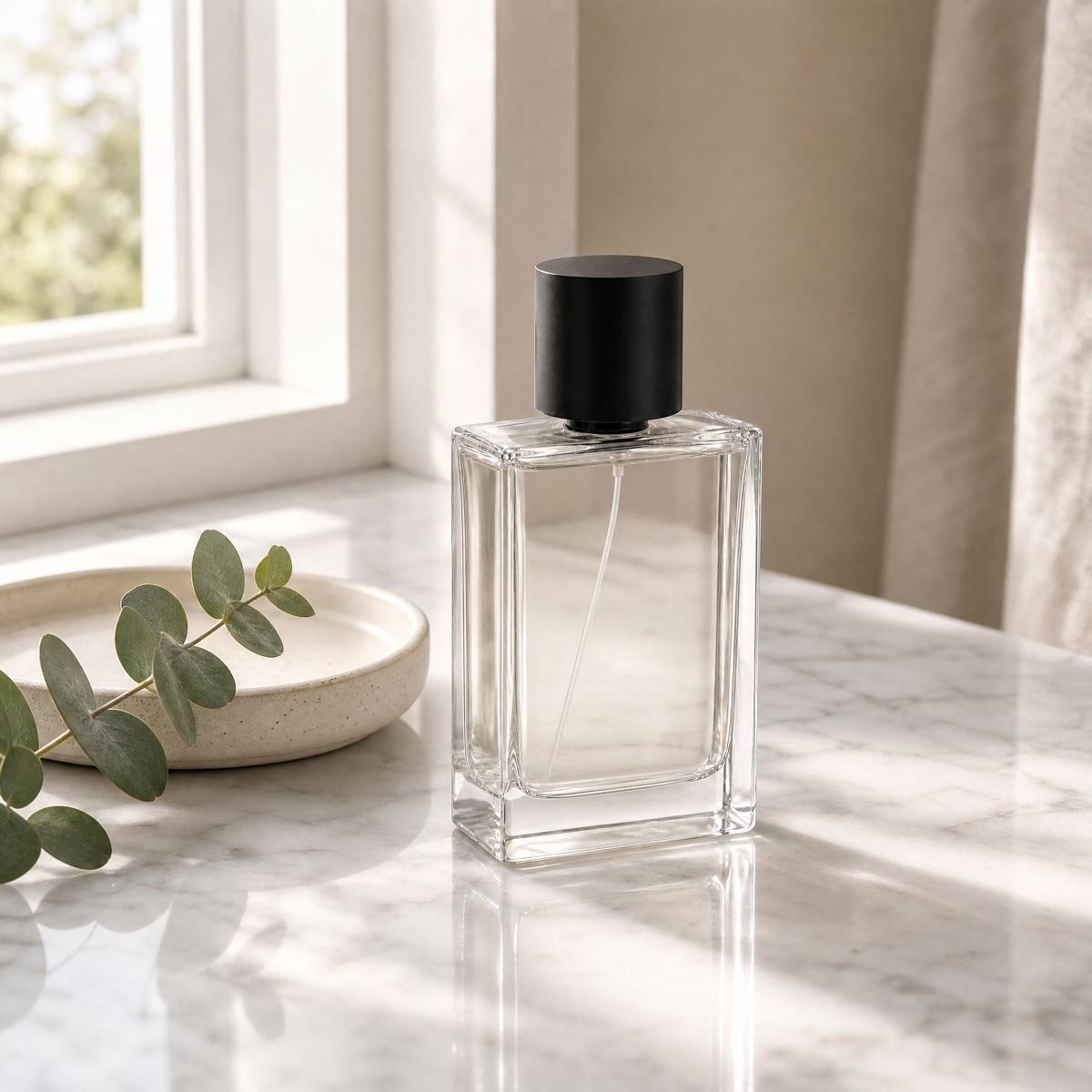 Perfume bottle staged on a marble table by a window, next to a ceramic tray with eucalyptus - Before