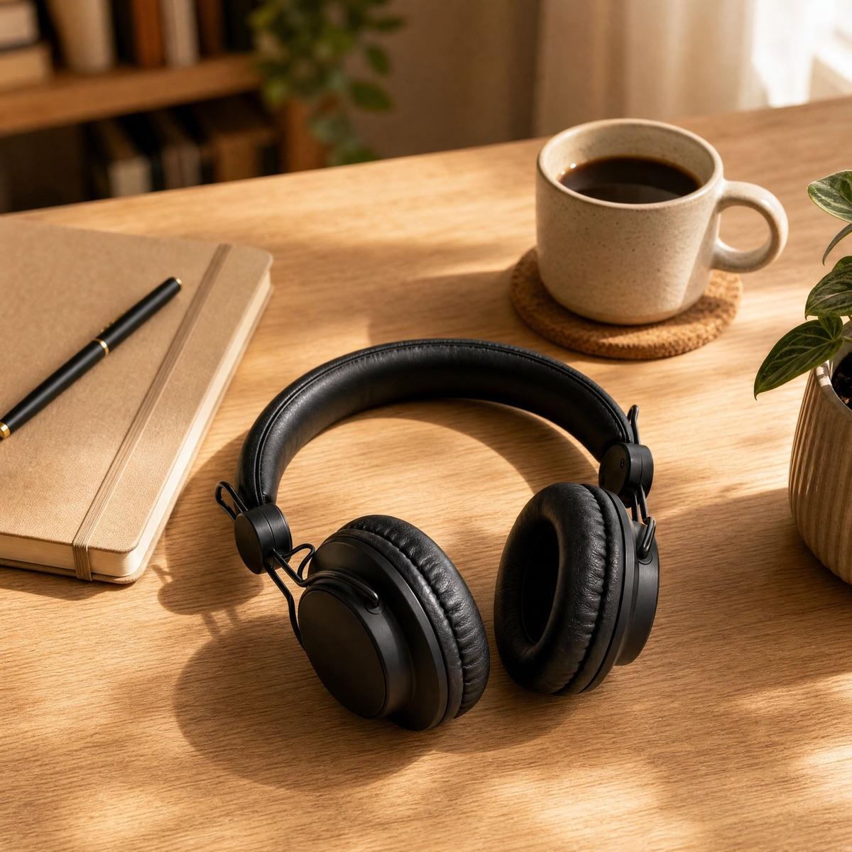 Headphones staged on a wooden desk next to a notebook and a mug - Before