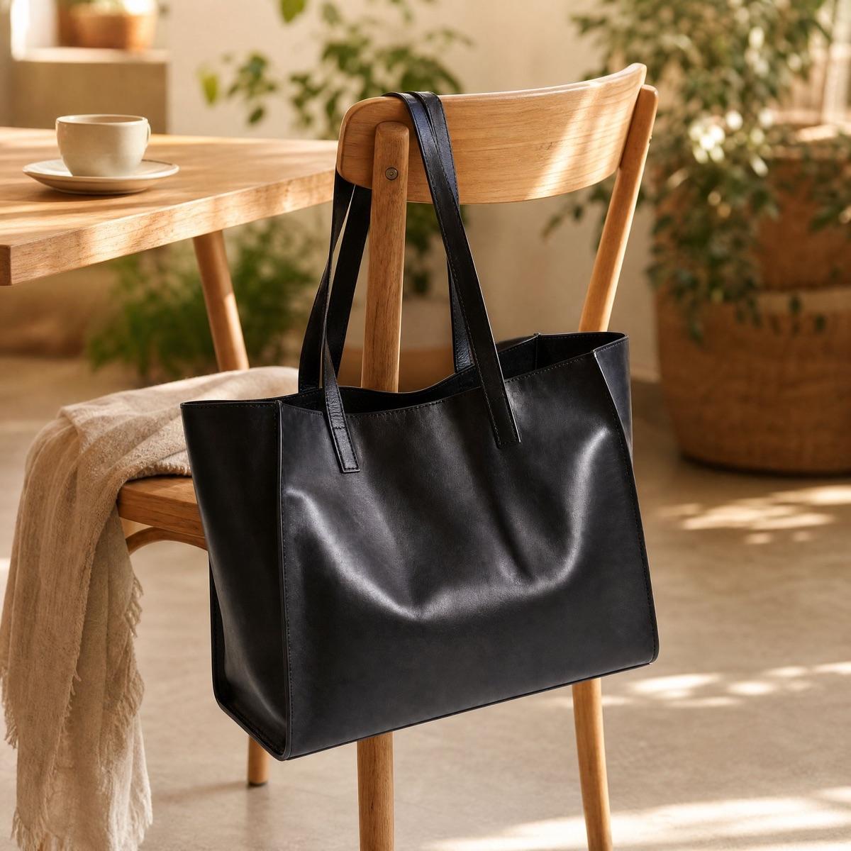 Black tote bag staged hanging on a wooden cafe chair in a sunlit interior - Before