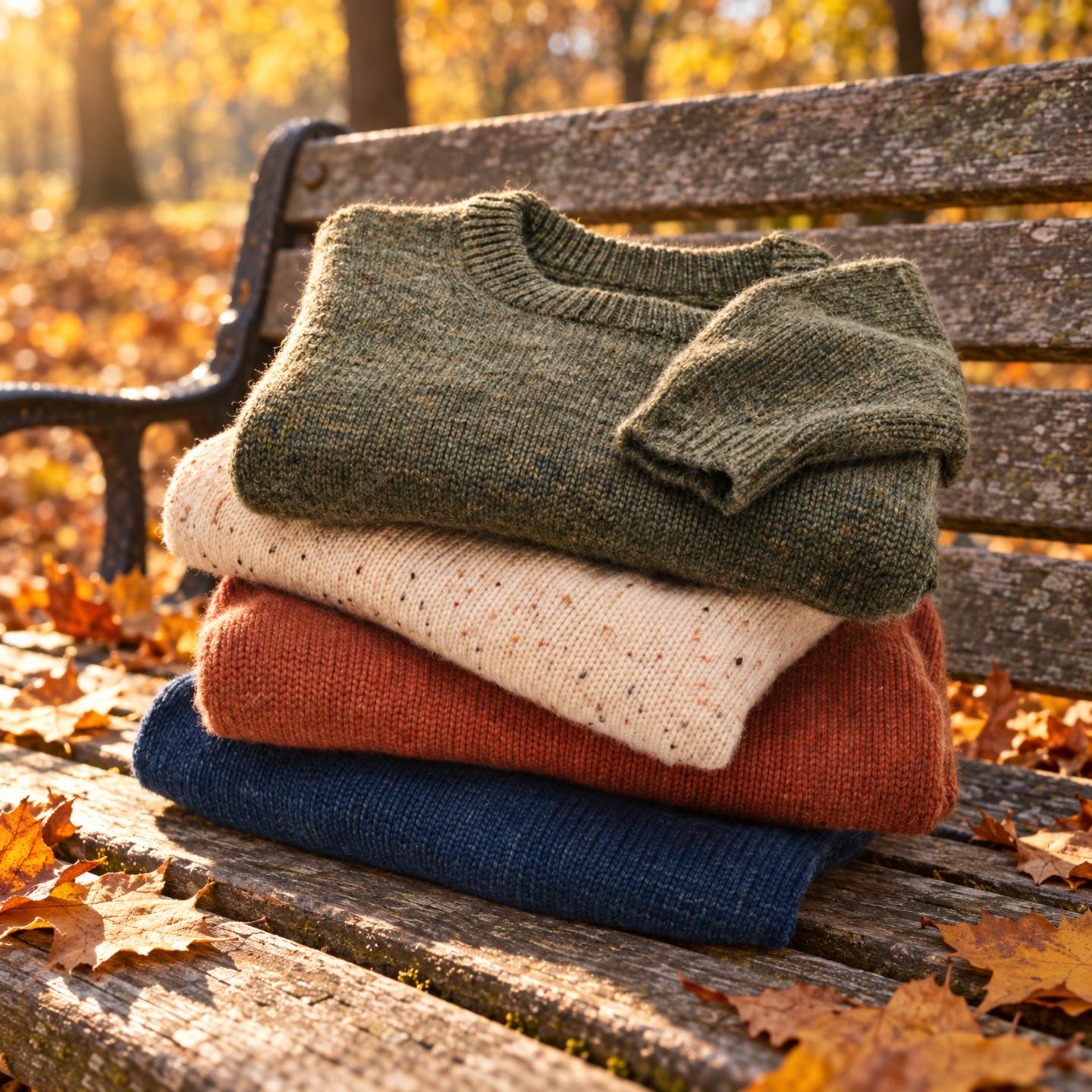 Stack of knit sweaters on a white backdrop, and the same stack on a park bench among autumn leaves - After
