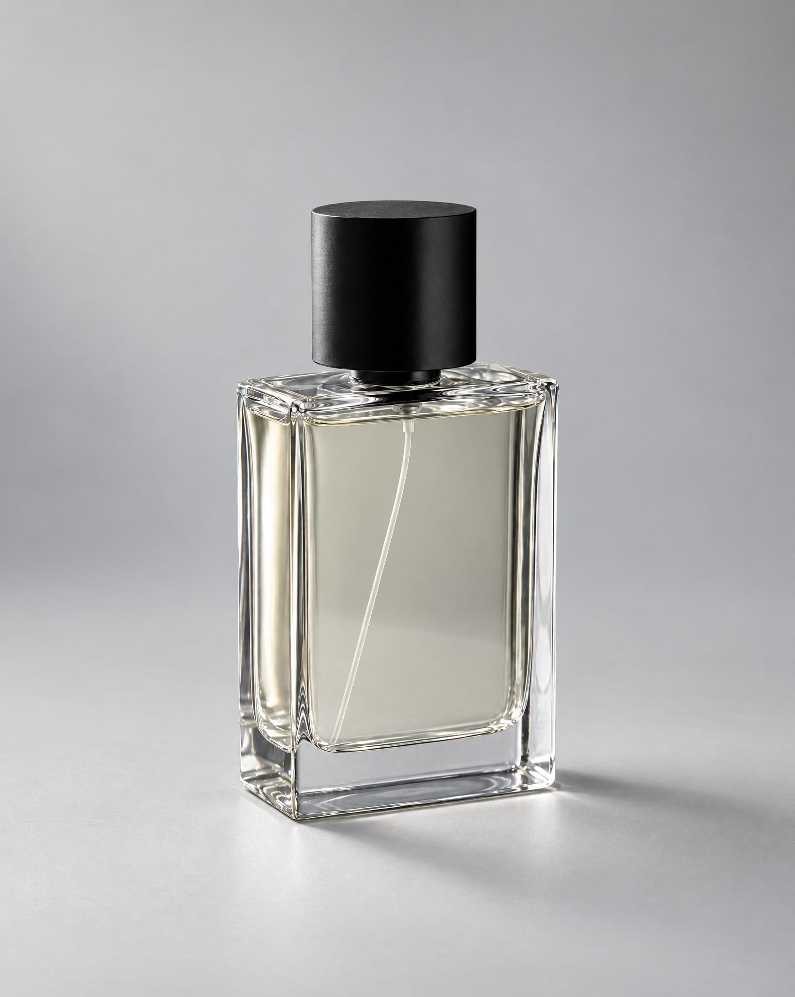 Glass perfume bottle on dark slate against a charcoal backdrop, and the same bottle on a light gray studio background - After