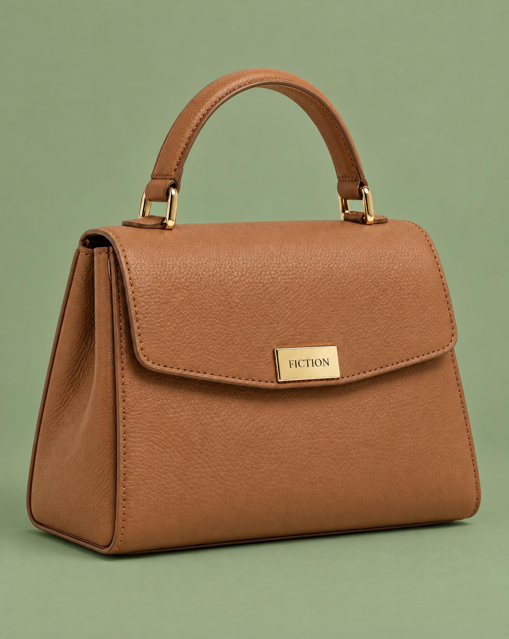 Tan top-handle handbag on a white background, and the same bag on a sage green studio backdrop - After