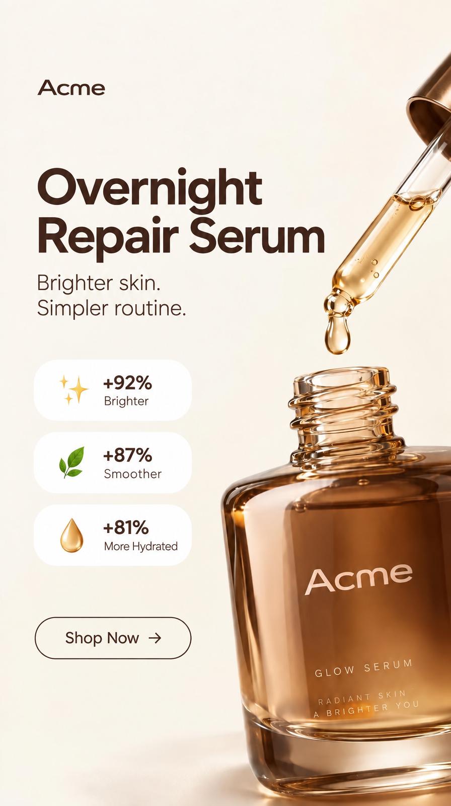 Serum ad reading New glow serum, and the same ad reading Overnight repair serum - After