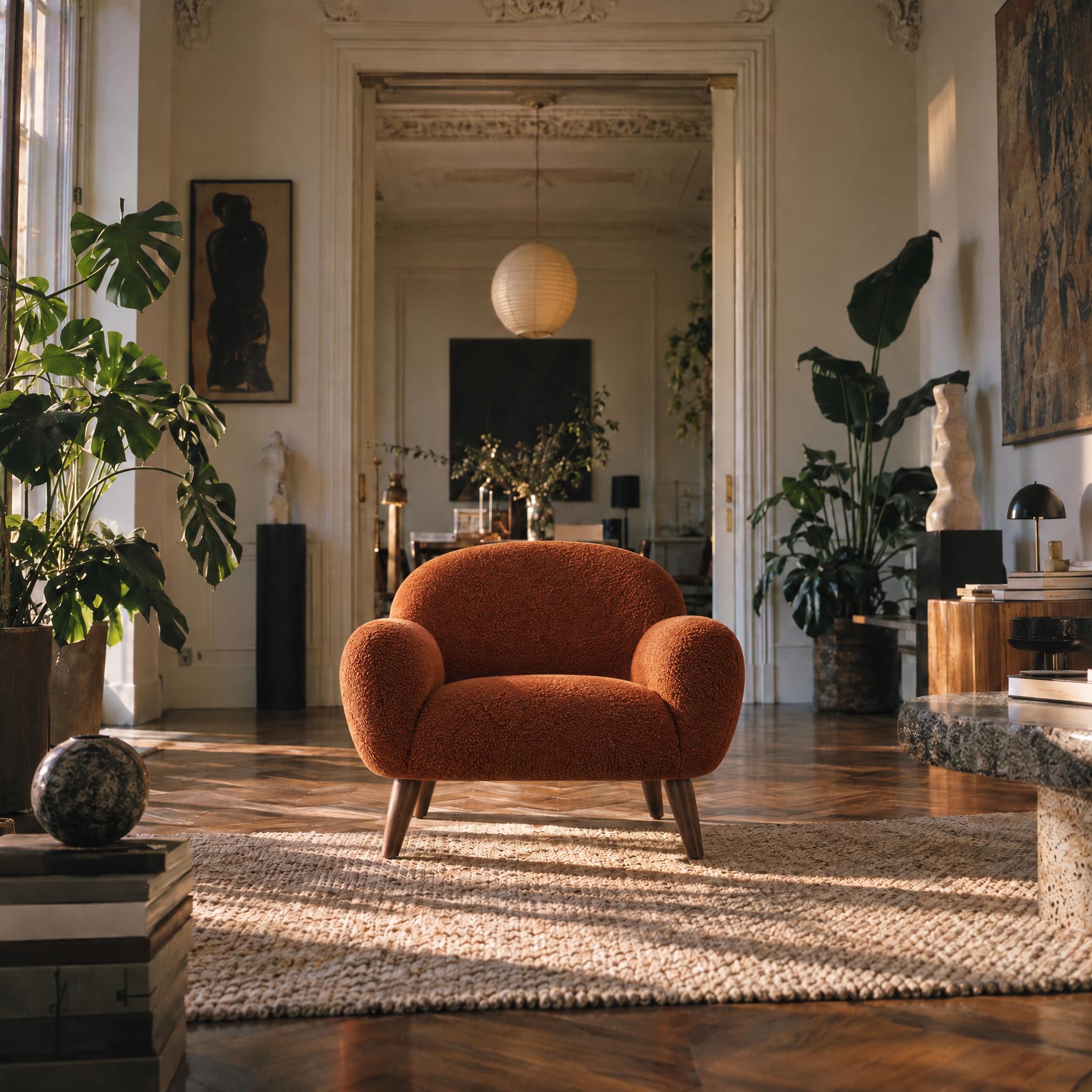 Rust bouclé armchair on a white background, and the same armchair on a woven rug in a tall, sunlit room with plants and parquet floors - After