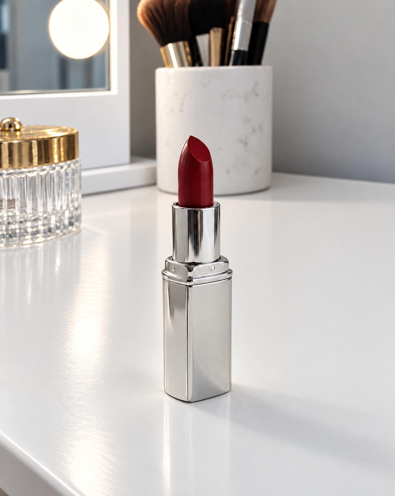 Red lipstick on a vanity under warm yellow light with dust and a smudge on the surface, and the same shot in neutral light with a clean surface - After