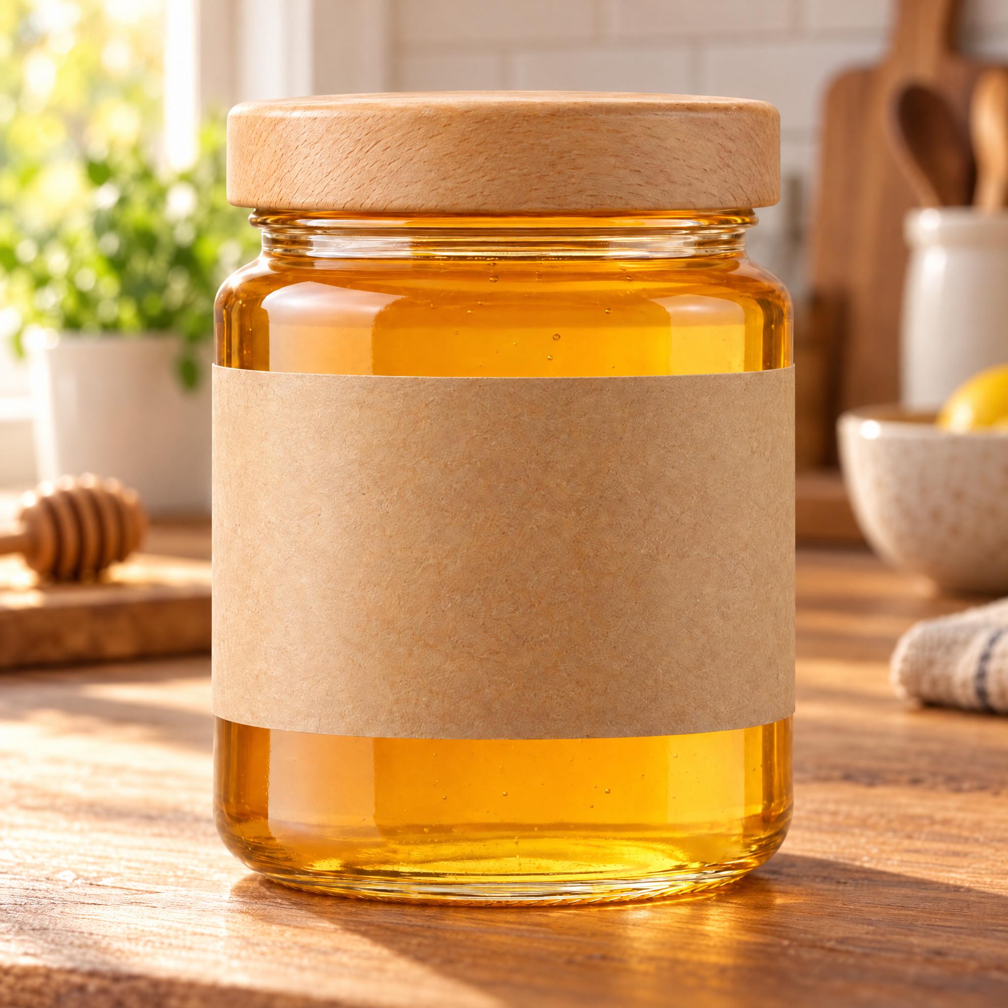 Glass honey jar with a kraft label and a wooden lid on white, and the same jar on a wooden kitchen counter in morning light - After