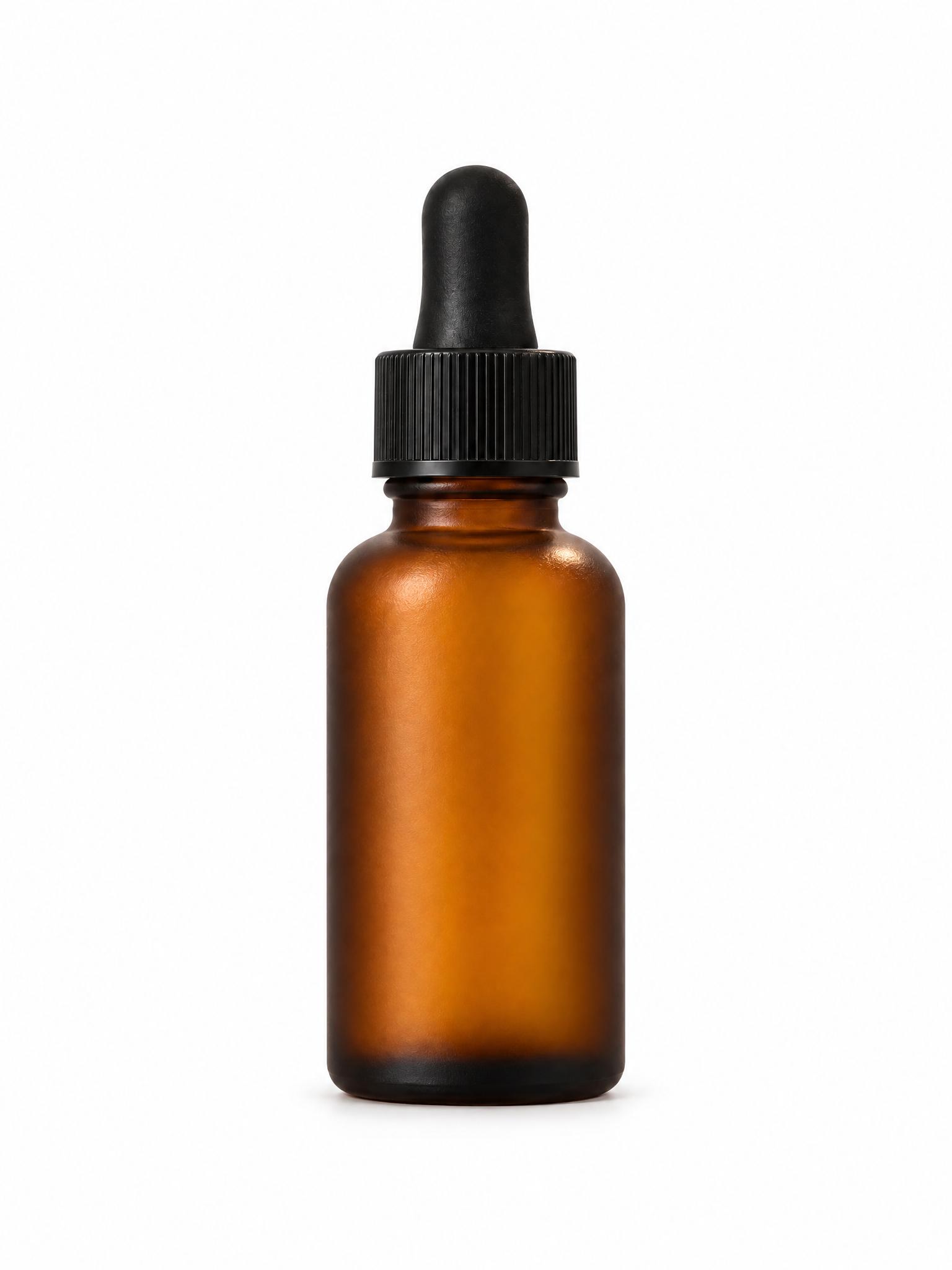 Amber dropper bottle on a bathroom shelf beside a toothbrush cup, a towel and a jar of face cream, and the same bottle as a packshot on a white background - After