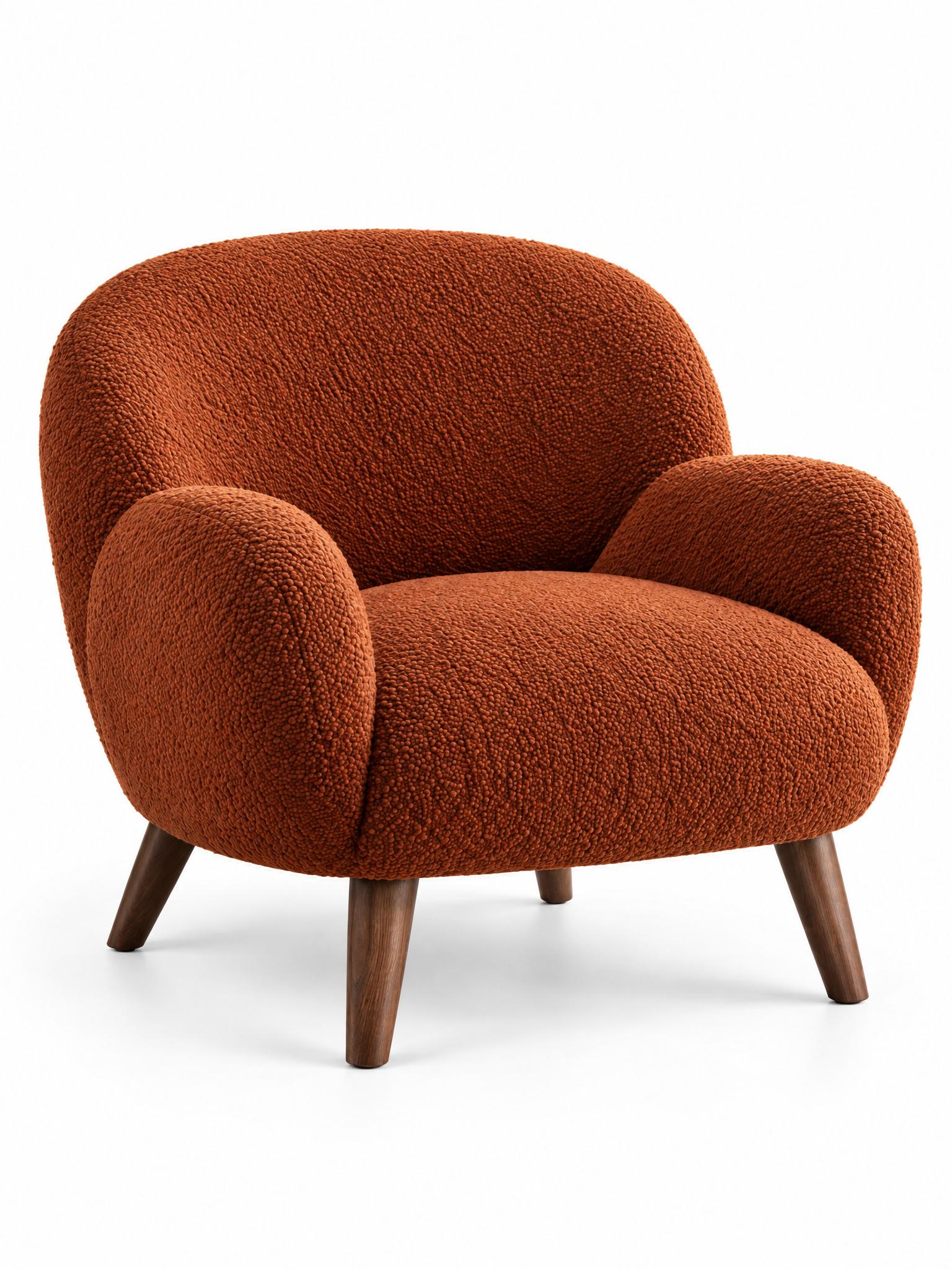 Rust bouclé armchair in a living room with a rug, a side table and a plant, and the same armchair alone on a white background - After