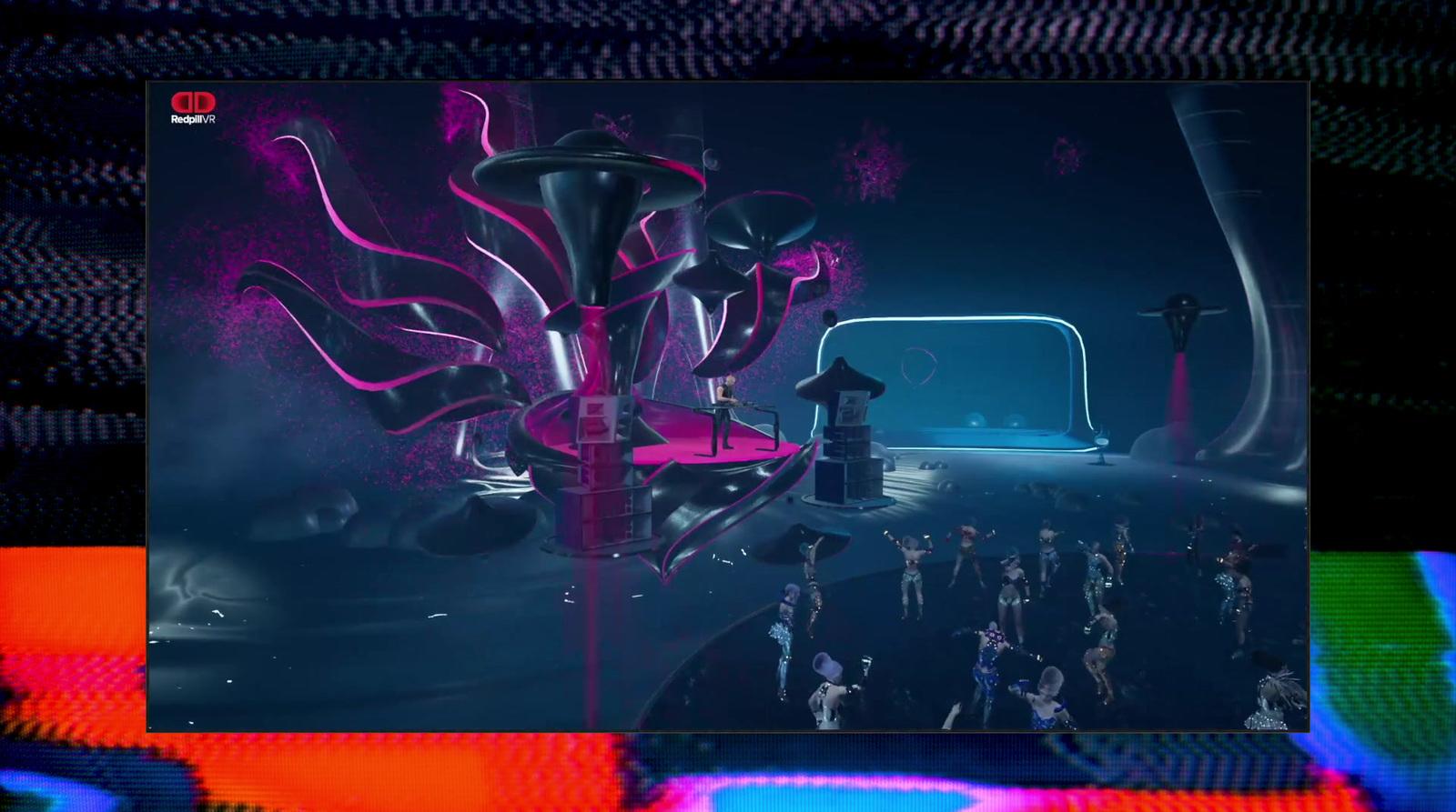 a group of people standing in front of a neon light