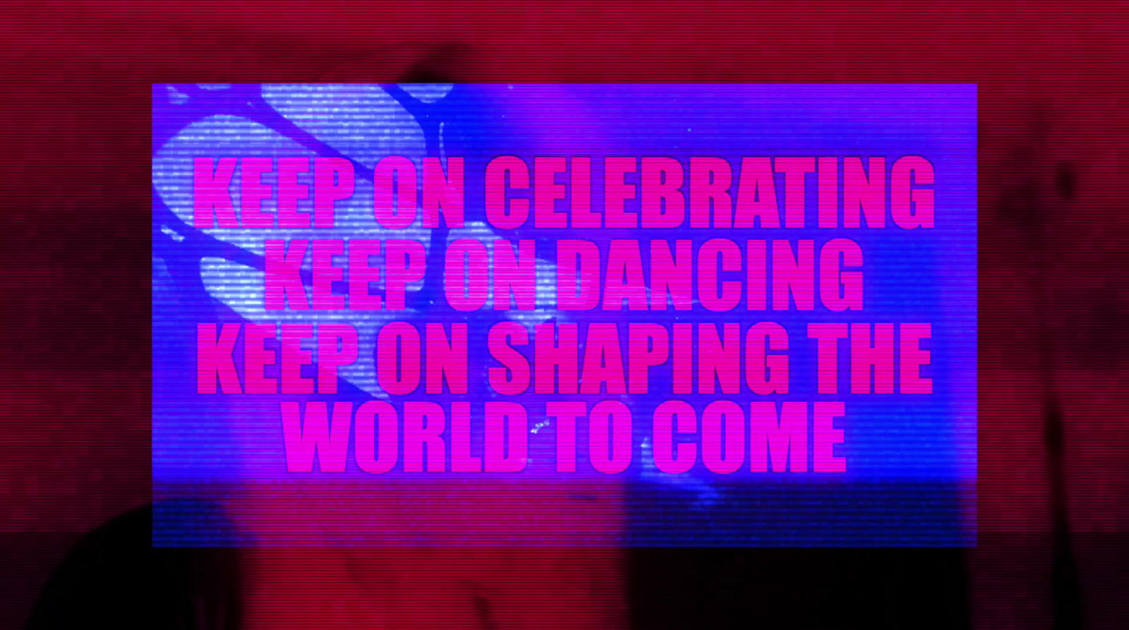 a pink and blue screen with words that read keep on celebrating keep on dancing keep