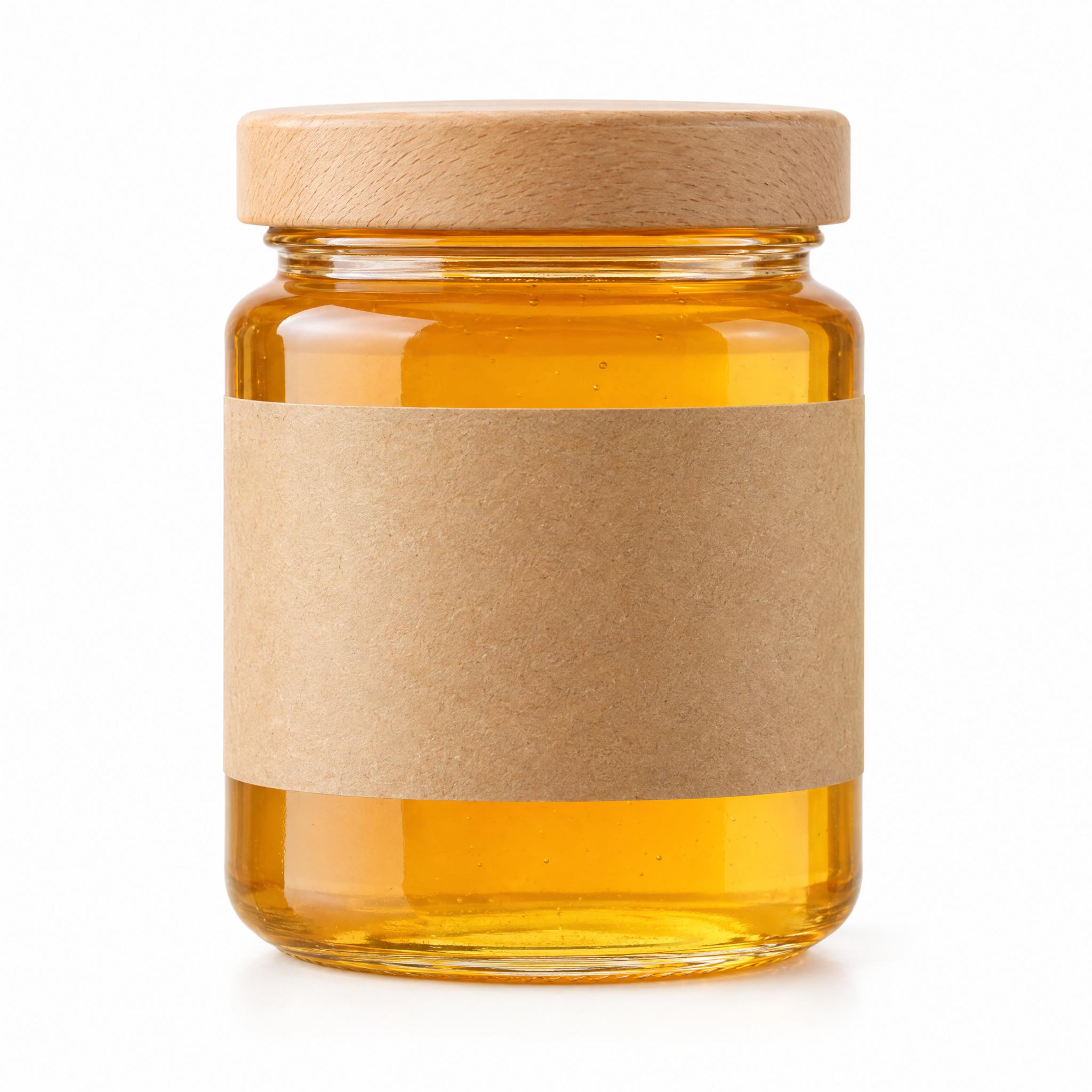 Glass honey jar with a kraft label and a wooden lid on white, and the same jar on a wooden kitchen counter in morning light - Before
