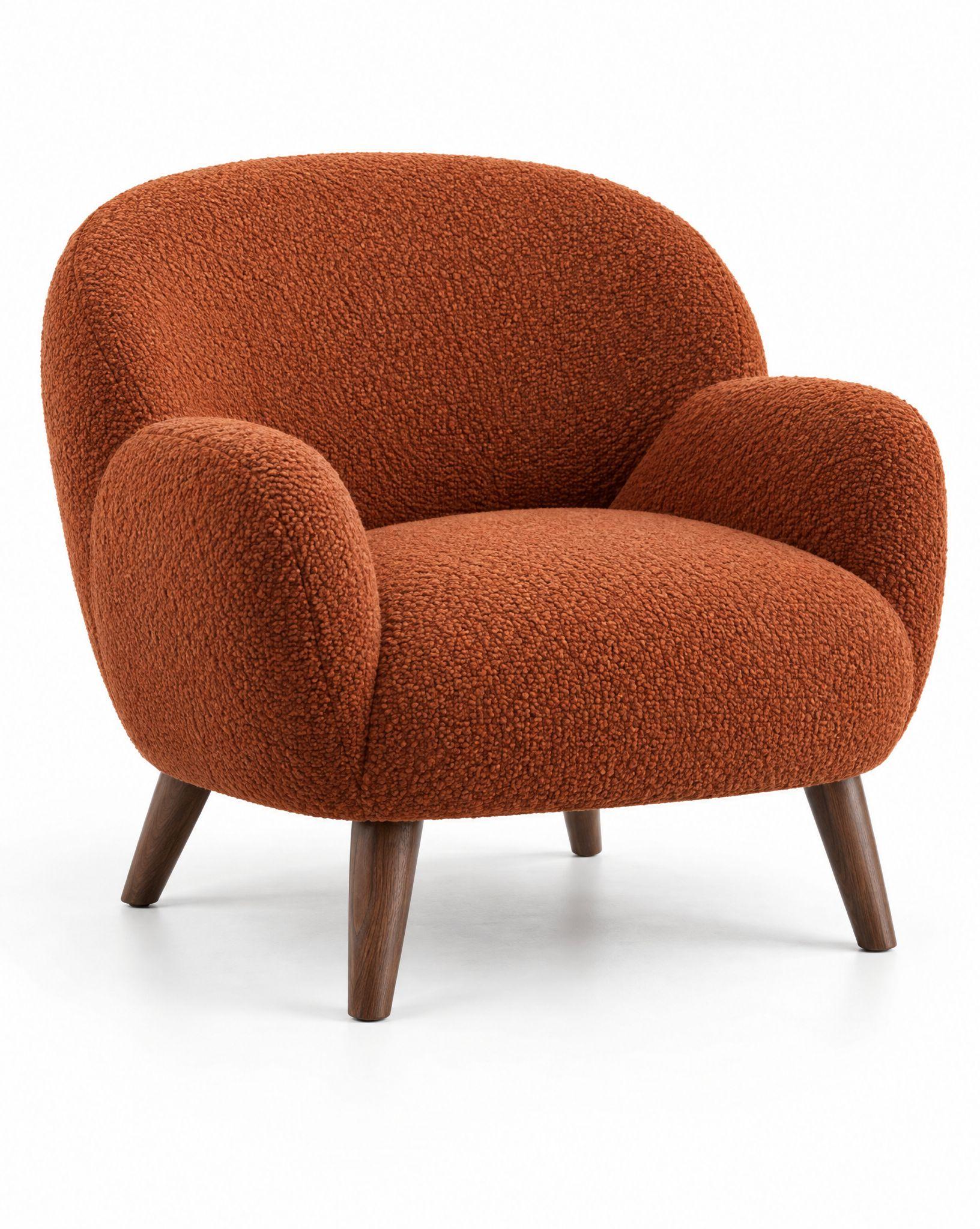 Rust bouclé armchair on a white background, and the same armchair on a pedestal in a cobalt-blue studio - Before