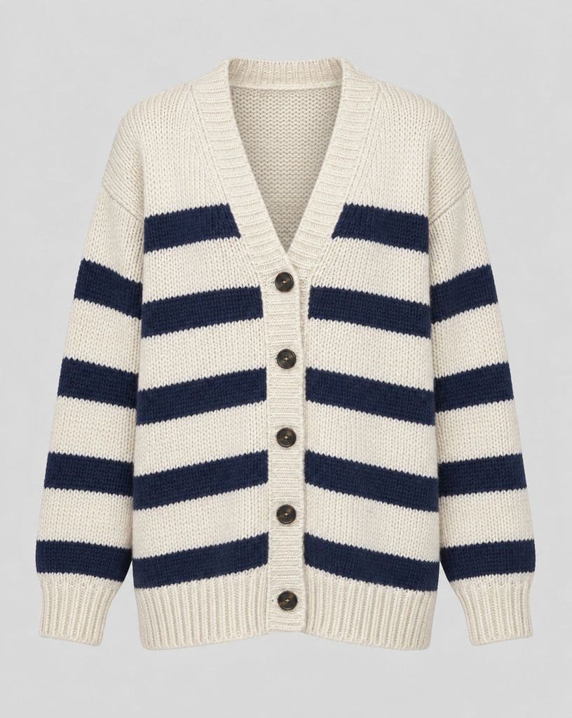 Cream cardigan with navy stripes laid flat on gray, and the same cardigan worn by a seated model in front of a blue backdrop and a blue ball - Before