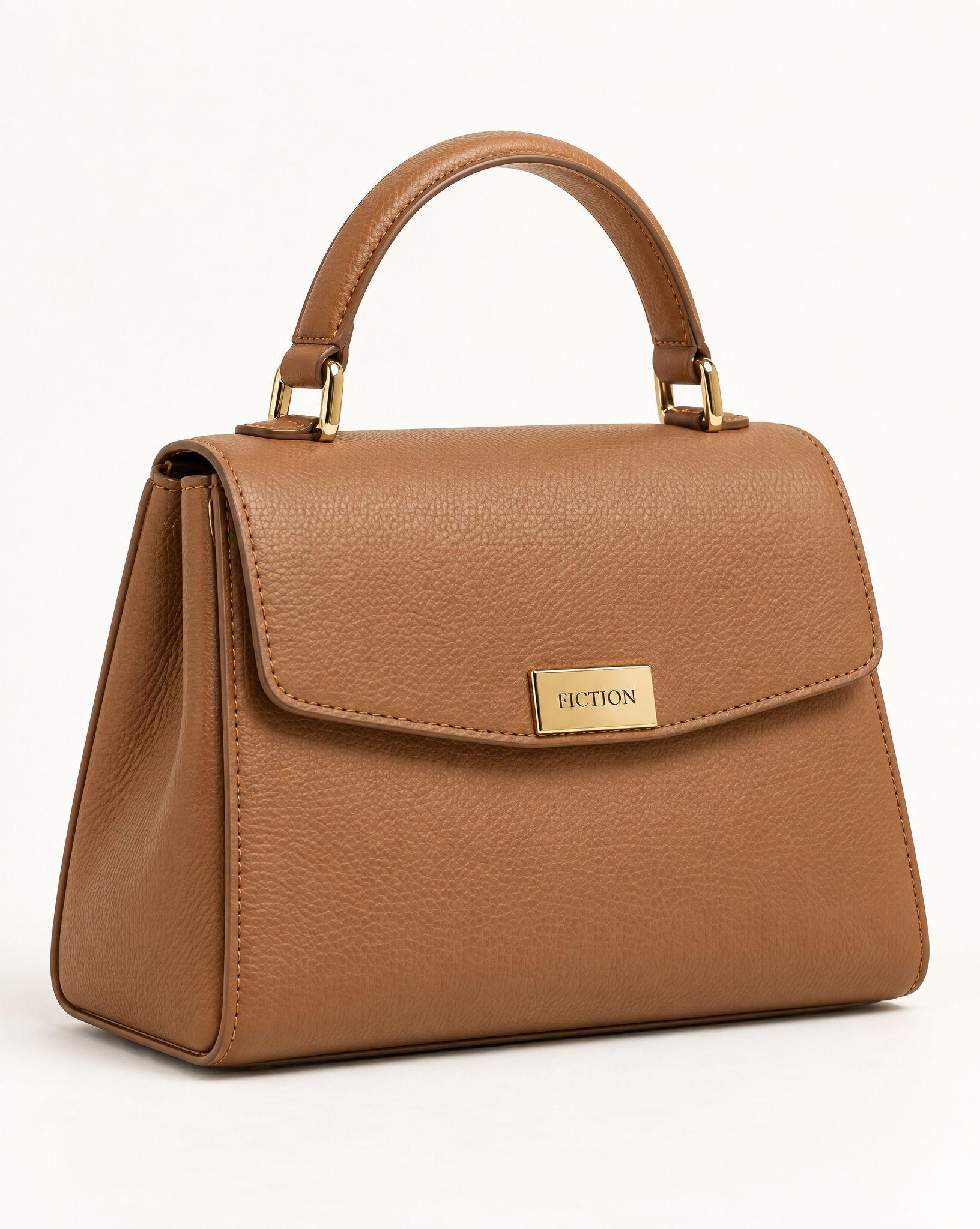 Tan top-handle handbag on a white background, and the same bag on a sage green studio backdrop - Before