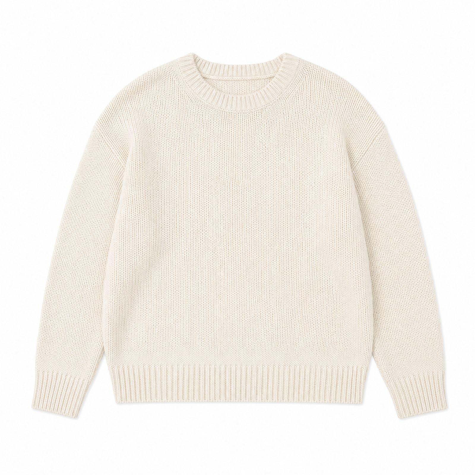 Cream knit crewneck sweater laid flat, and the same sweater as a ghost mannequin shot with the inside of the ribbed neckline visible - Before