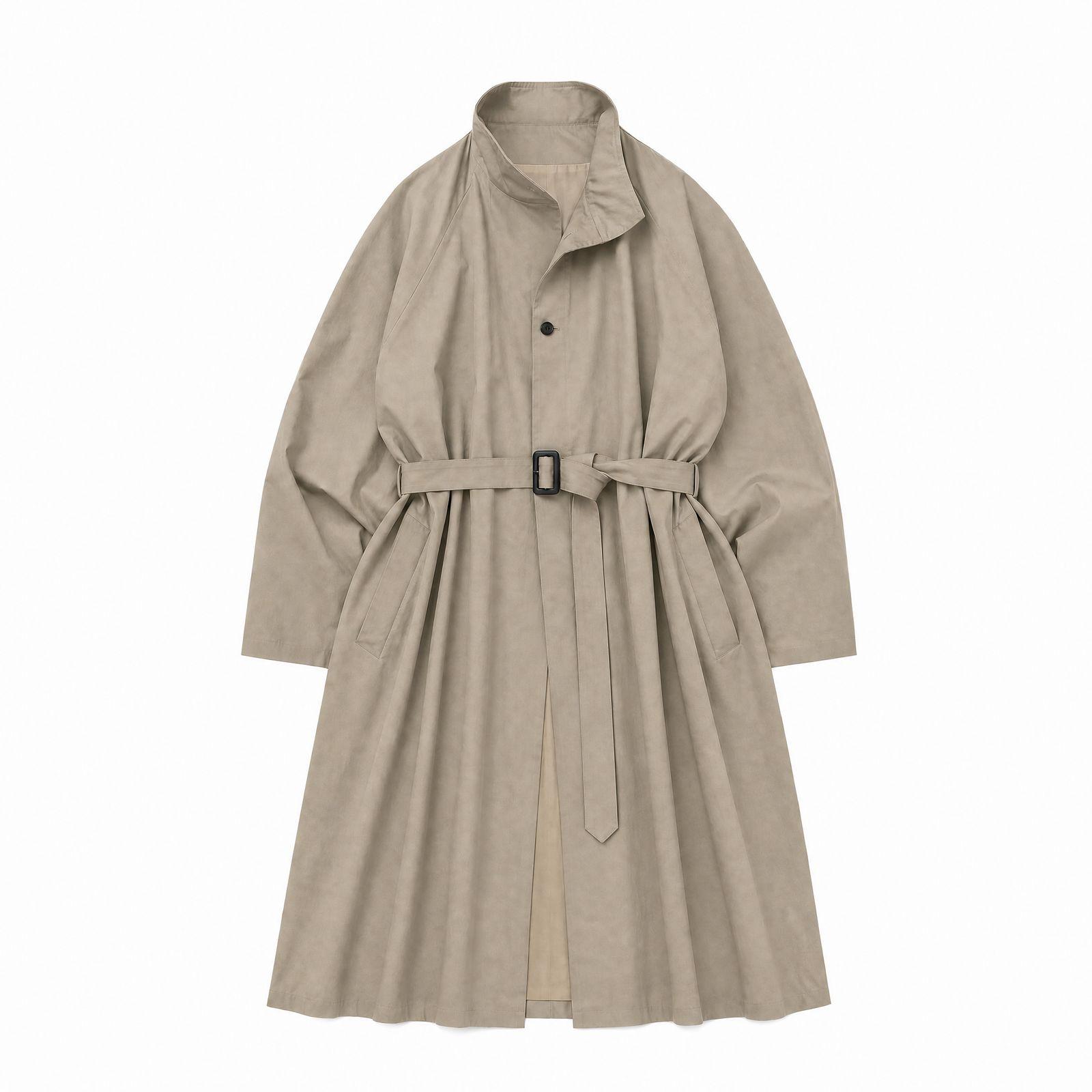 Greige belted trench coat laid flat, and the same coat as a ghost mannequin shot at a three-quarter angle with the lining visible inside the collar - Before