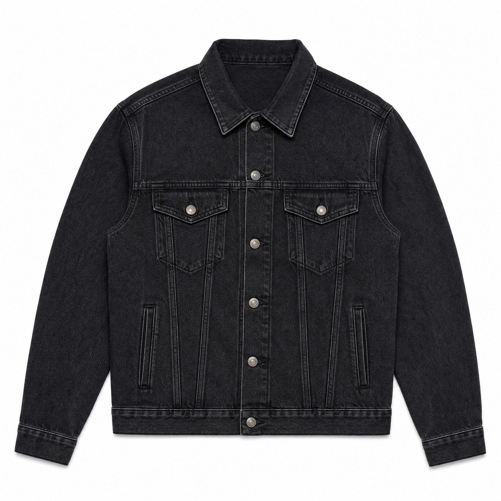 Black denim jacket laid flat on white, and the same jacket as a ghost mannequin shot with a filled-out body and the inside of the collar visible - Before