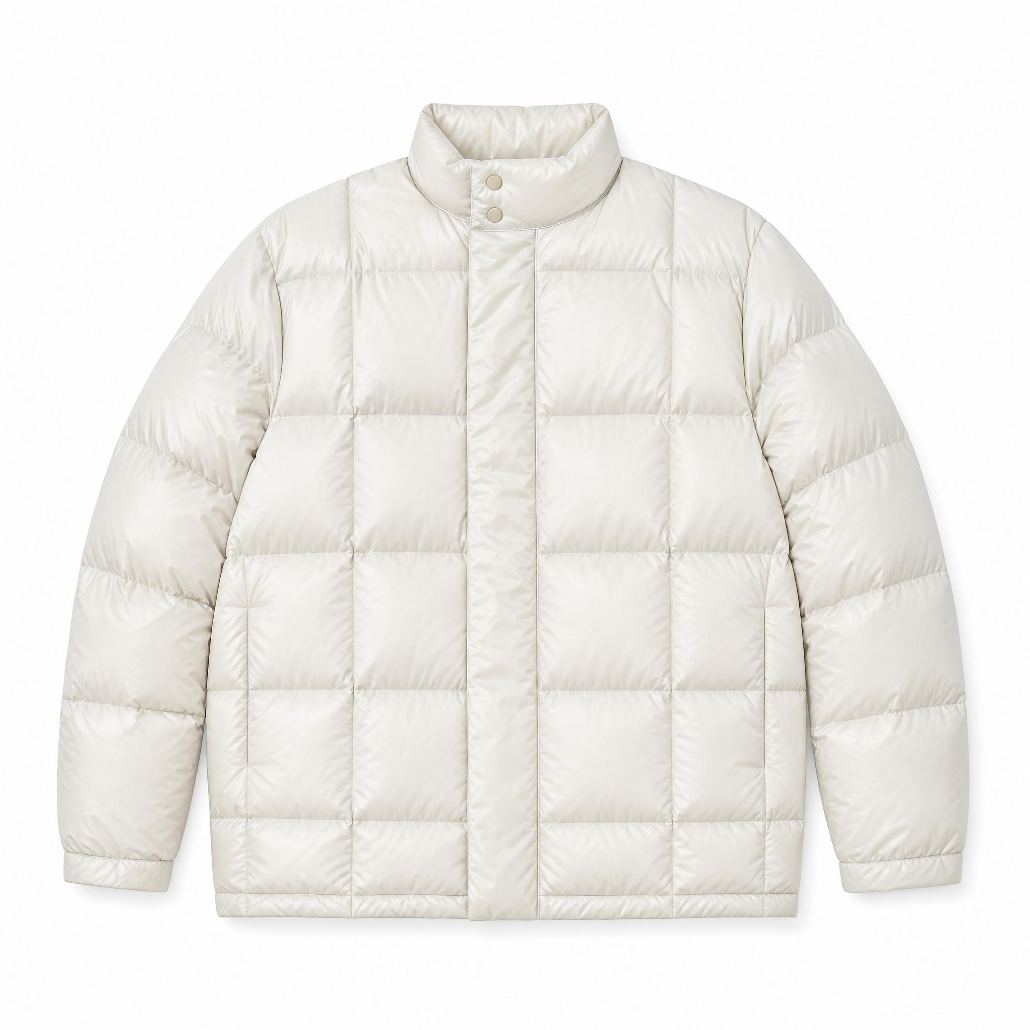 Cream quilted puffer jacket laid flat, and the same jacket worn open over a black top by a woman against a beige backdrop - Before